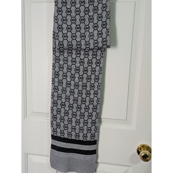 Michael Kors Womens Knit Scarf Gray Black Metallic Reversible Monogram Logo - Picture 5 of 6